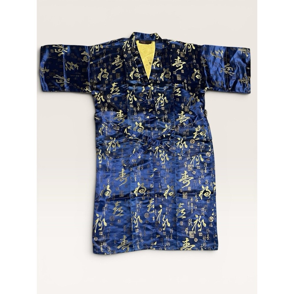Blue Gold Chinese Calligraphy Kimono Robe Satin Lounge Jacket Festival